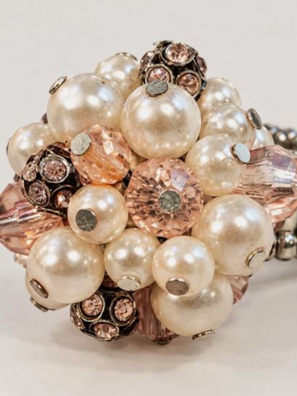 Faux Pearl Pink Crystal Cluster Stretch Statement Ring